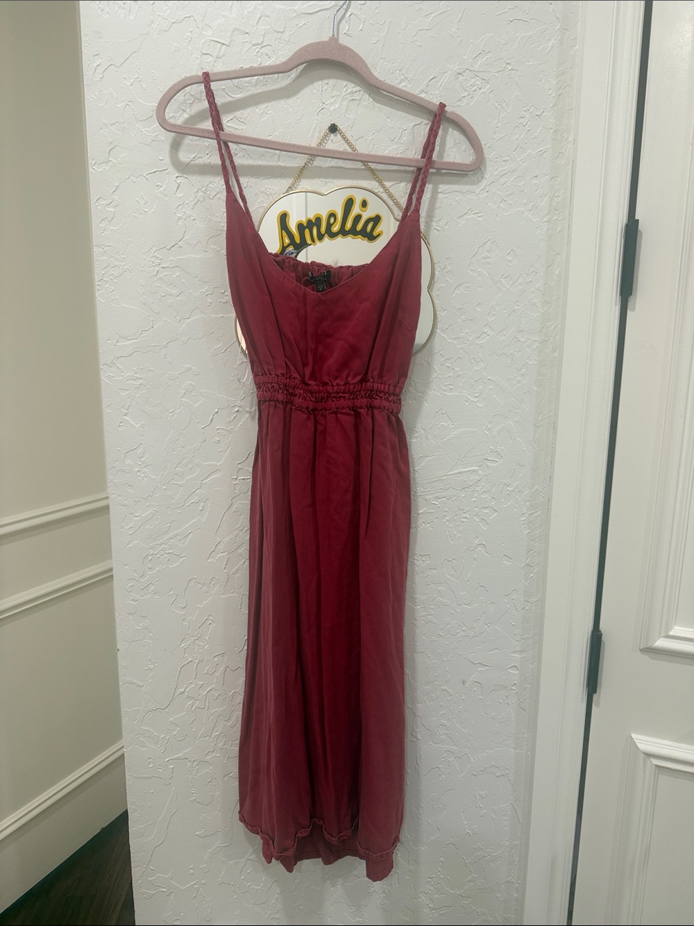 Women's Sleeveless Burgundy Midi Dress with Smocked Waist